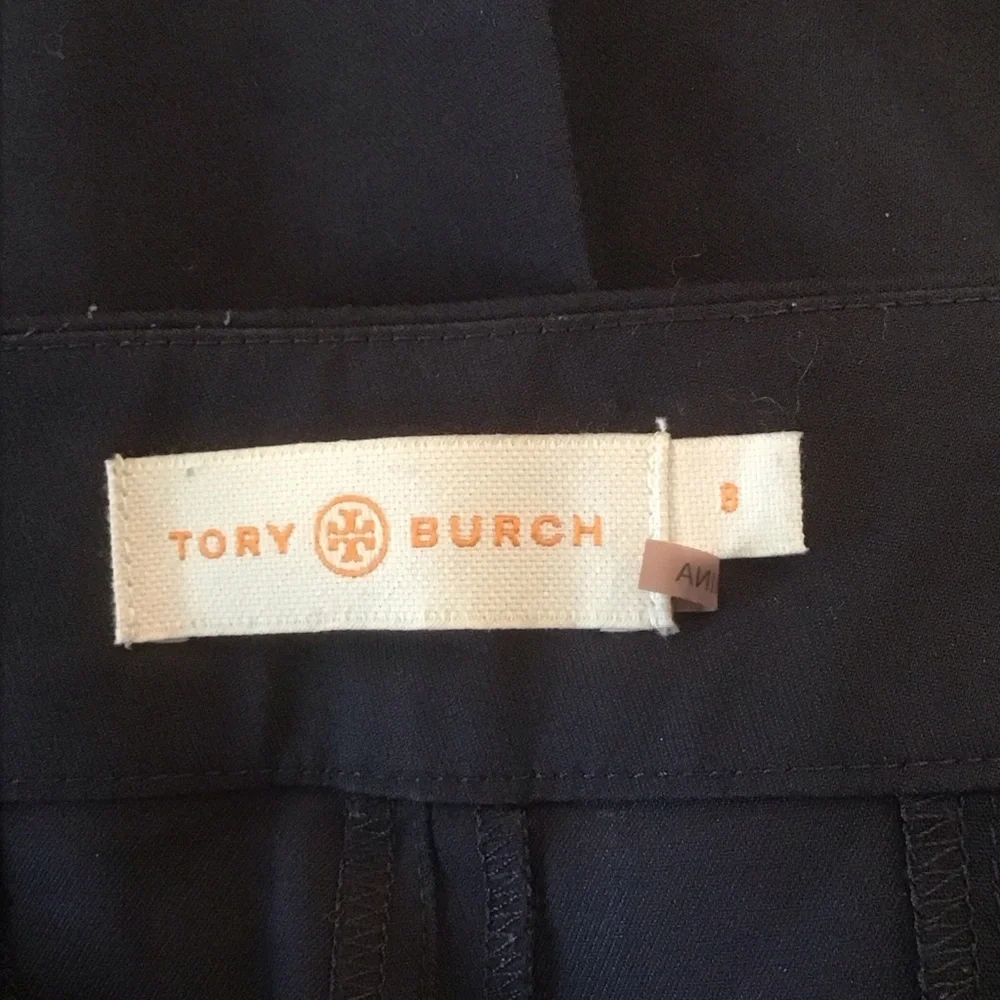 Tory Burch Navy Blue Stretch Cotton Logo Straight Leg Slacks Pants 8‎